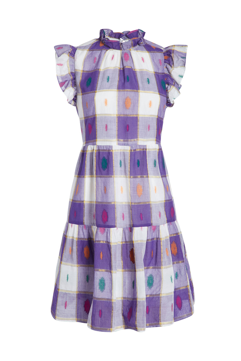 Mini dress with detailed neckline and sleeves in a purple plaid and metallic print 
