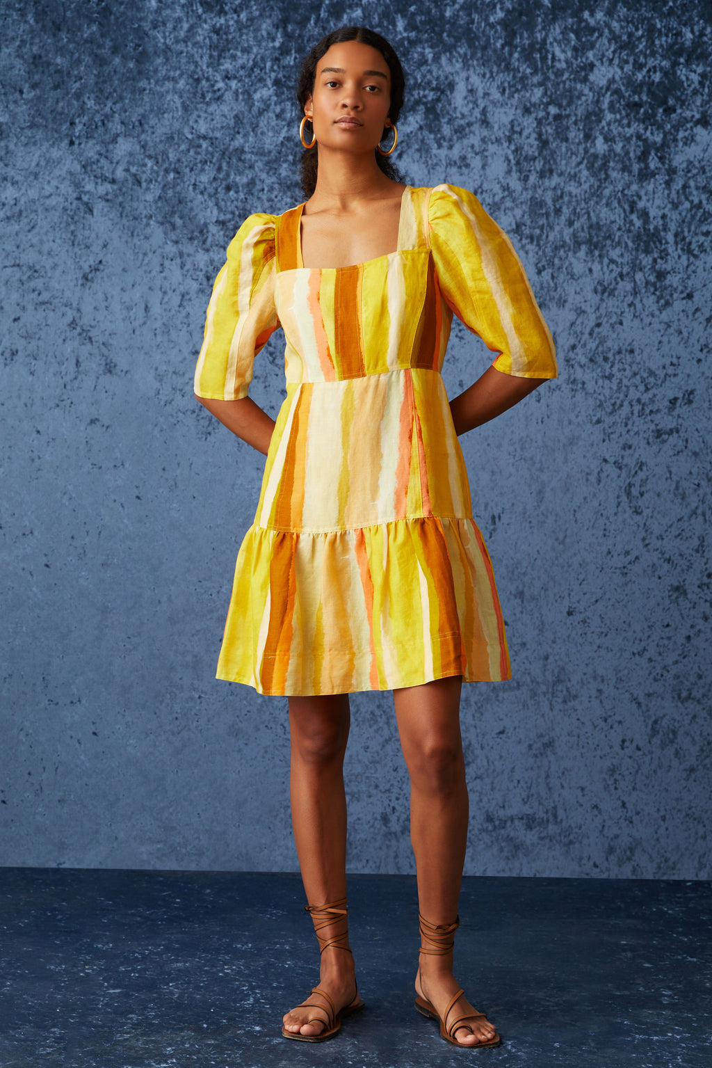 Orange and yellow vertical stripe print short dress with short sleeves
