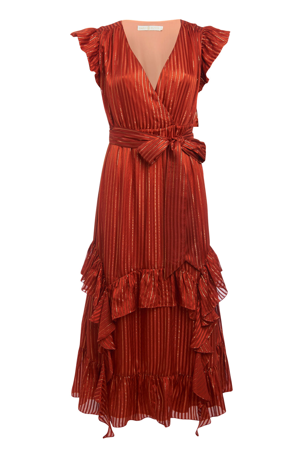 maxi dress with a tiered ruffle skirt and ruffle flutter sleeves and v-neckline with metallic stripe detailing throughout the dress