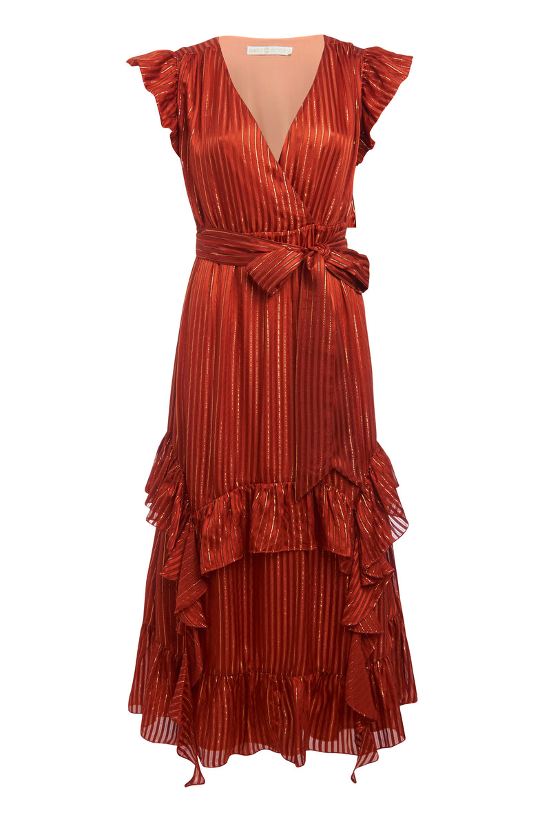 midi dress with metallic stripes and flutter sleeves and sash tie belt at the waist