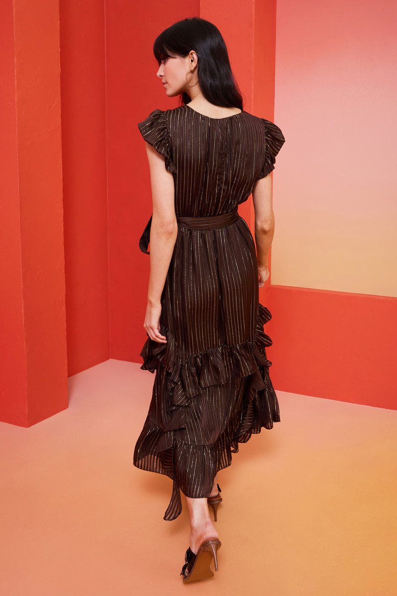maxi dress with a tiered ruffle skirt and ruffle flutter sleeves and v-neckline with metallic stripe detailing throughout the dress