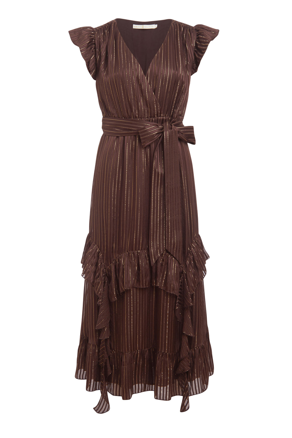 Midi dress with flutter sleeves and tiered skirt and an optional tie belt at the waist