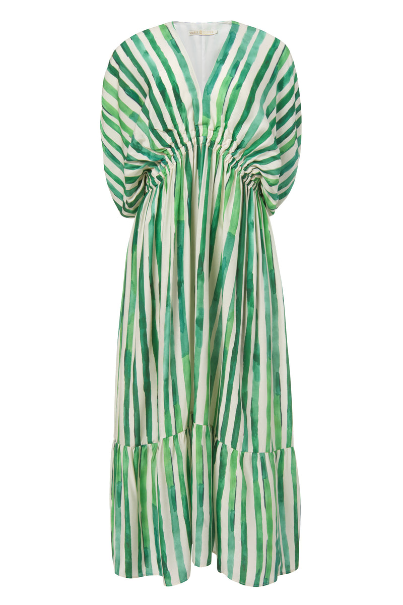 Maxi dress that is cinched at the waist with v-neckline and large sleeves