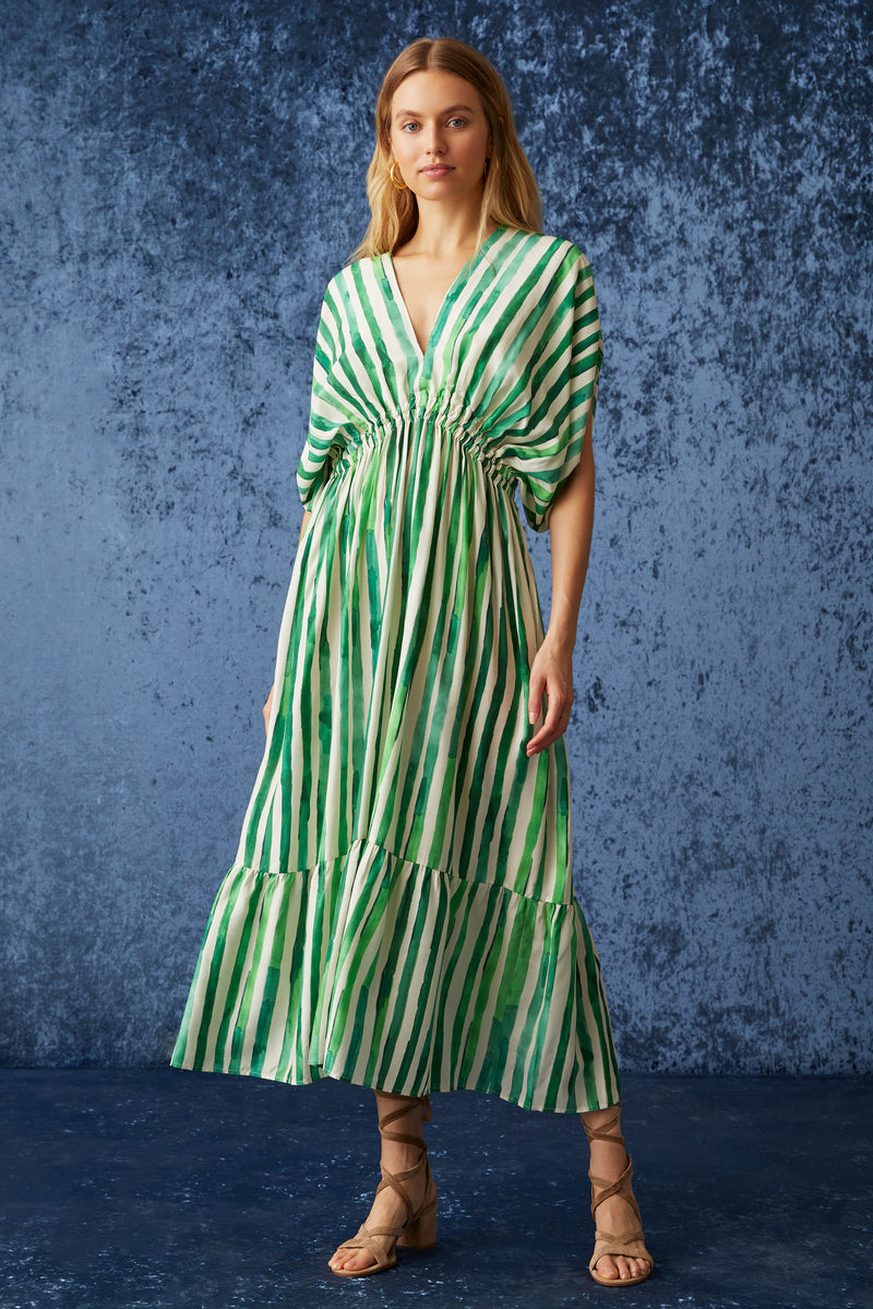 Long flowy midi dress in a green and white vertical stripe 