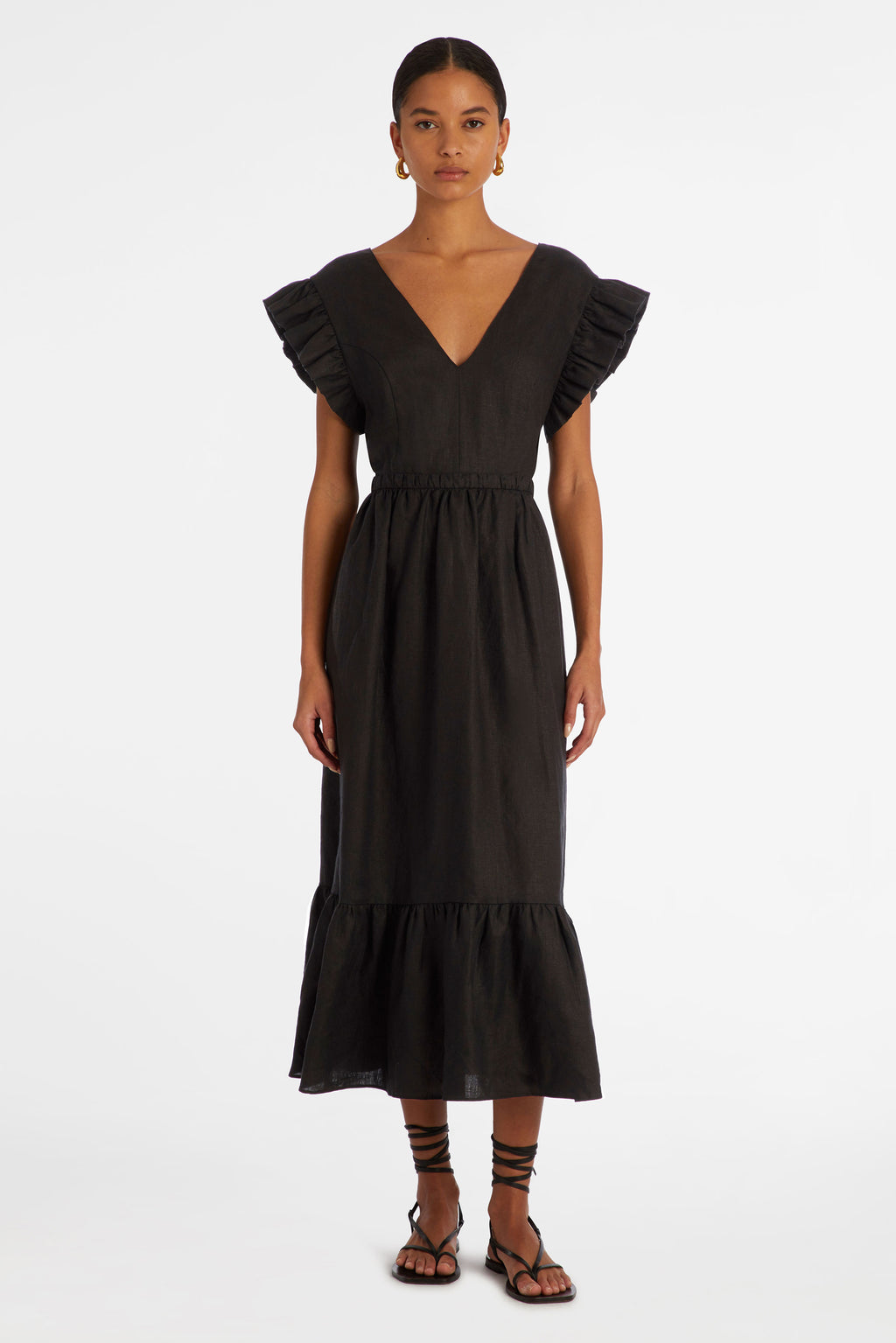 Solid black maxi dress with v-neckline in the front and back of the dress