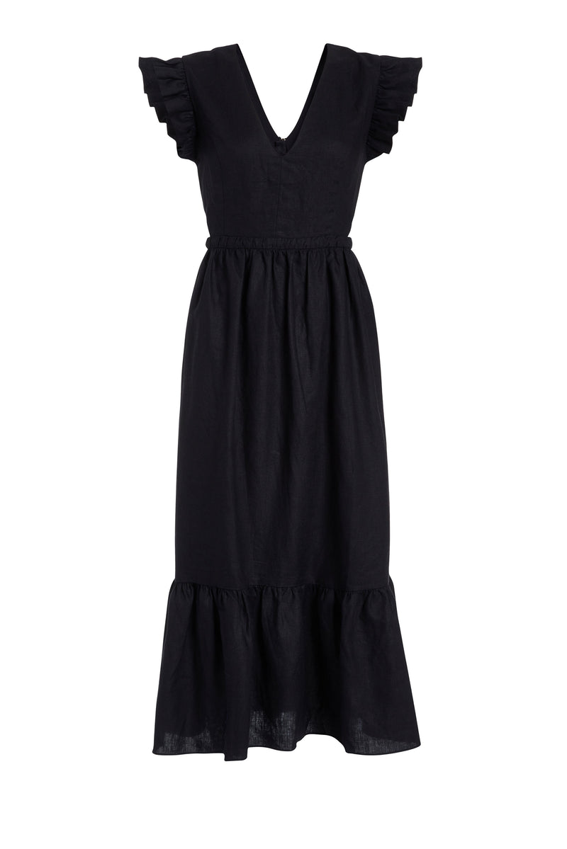 Long dress that is cinched at the waist with no sleeves and a small ruffled detail at the shoulder 