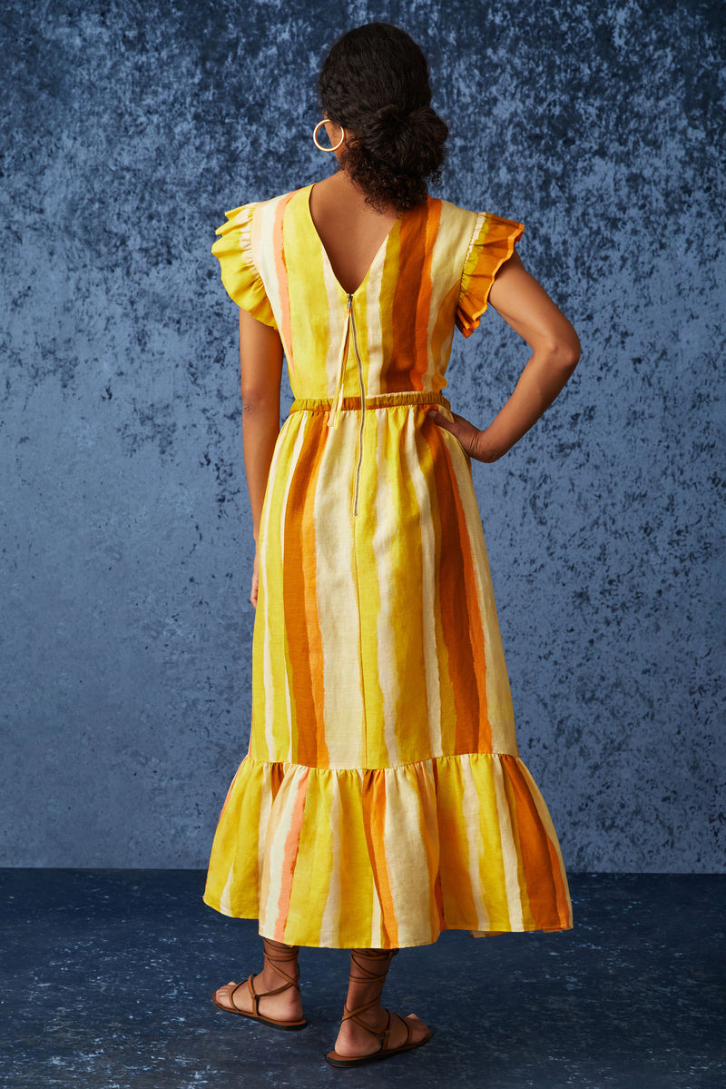 Orange and yellow vertical stripe printed sleeveless maxi dress with ruffle on the shoulder