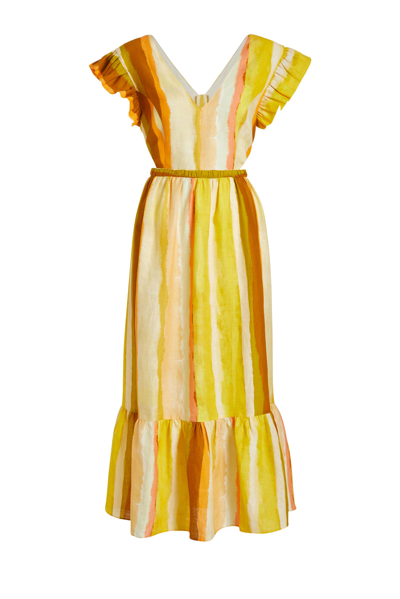 Long dress in an orange and yellow stripe print with ruffle at the shoulder and v-neckline in the front and back of the dress