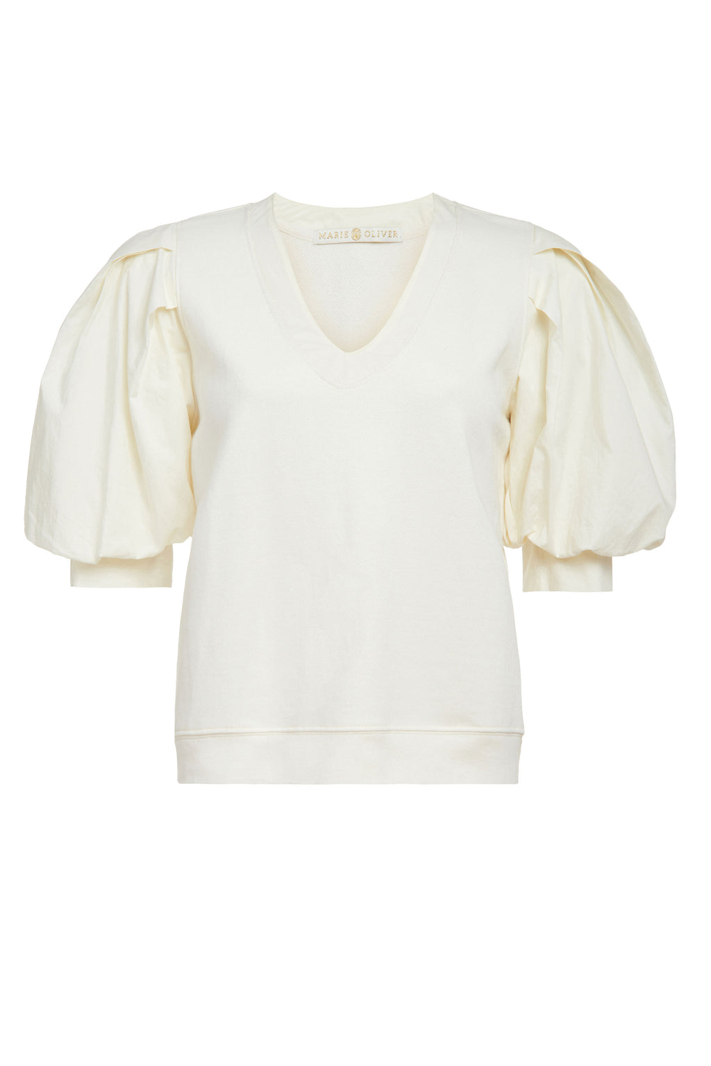 Elbow length top with puff sleeves and cuffs at the end of the sleeve, bows at the back of the elbow, and a rounded v-neck