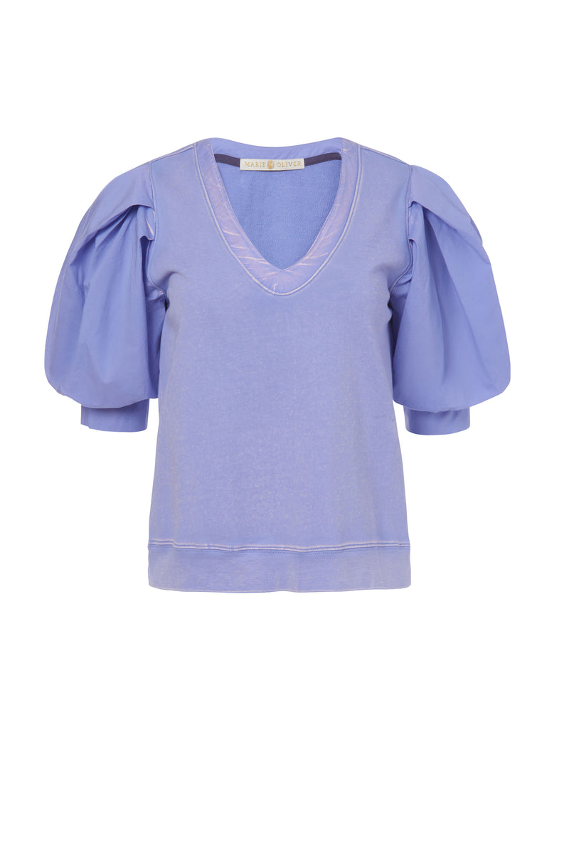 Purple top with straight silhouette with v-neckline and puff sleeves