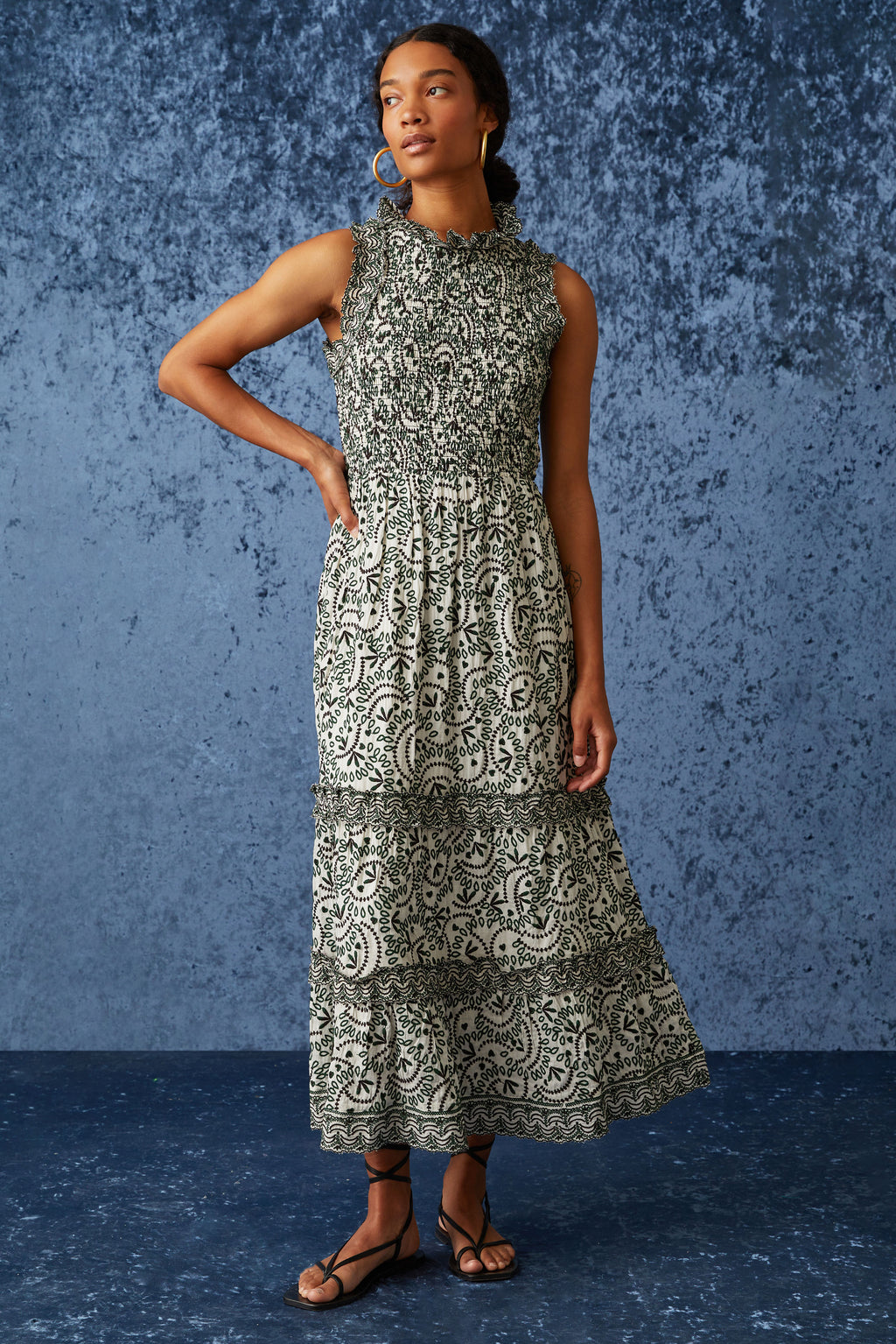 Green and white embroidered maxi dress with high neckline
