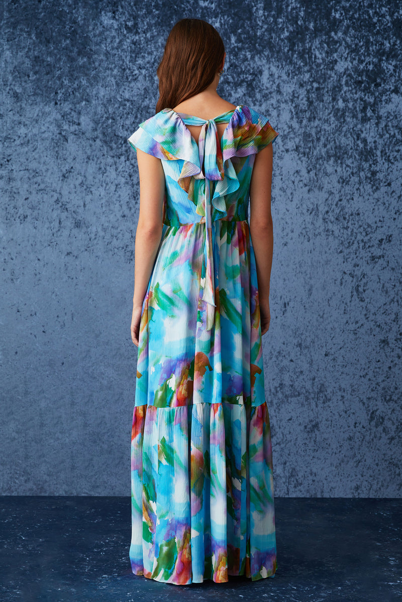 Long dress with short ruffled sleeves that ties at the shoulders in the back 