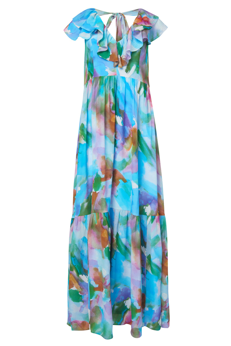 Blue maxi dress with large v-neckline and short sleeves