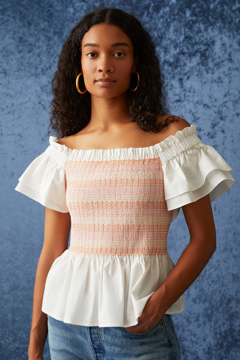Smocked square neck top with large ruffle sleeves