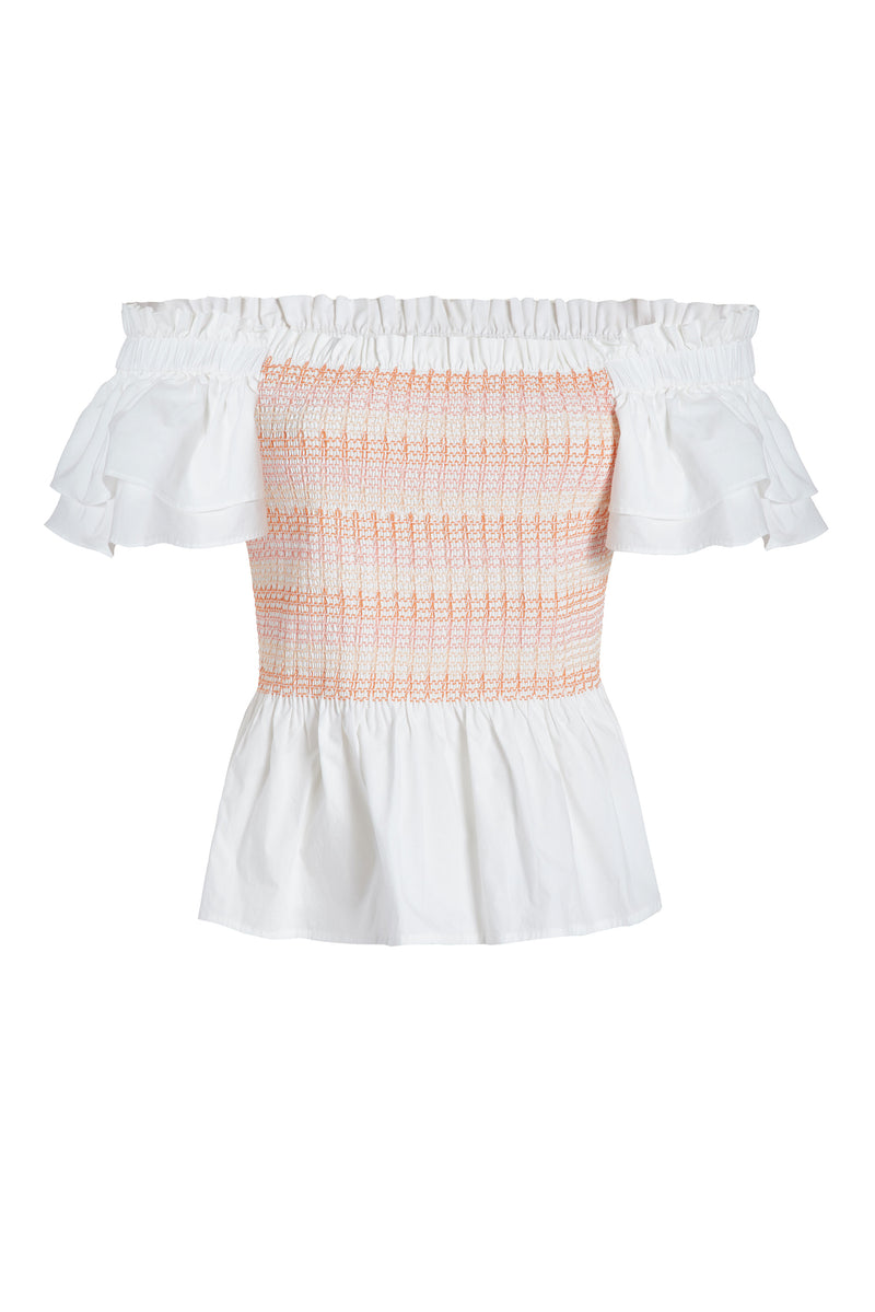 Square neck smocked top in a pink and white color