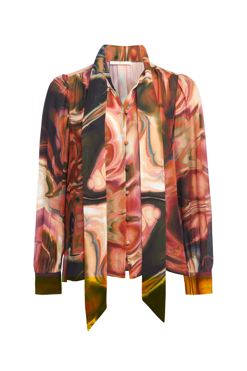 Long sleeve top in a multi-colored watercolor print with buttons going down the front 
