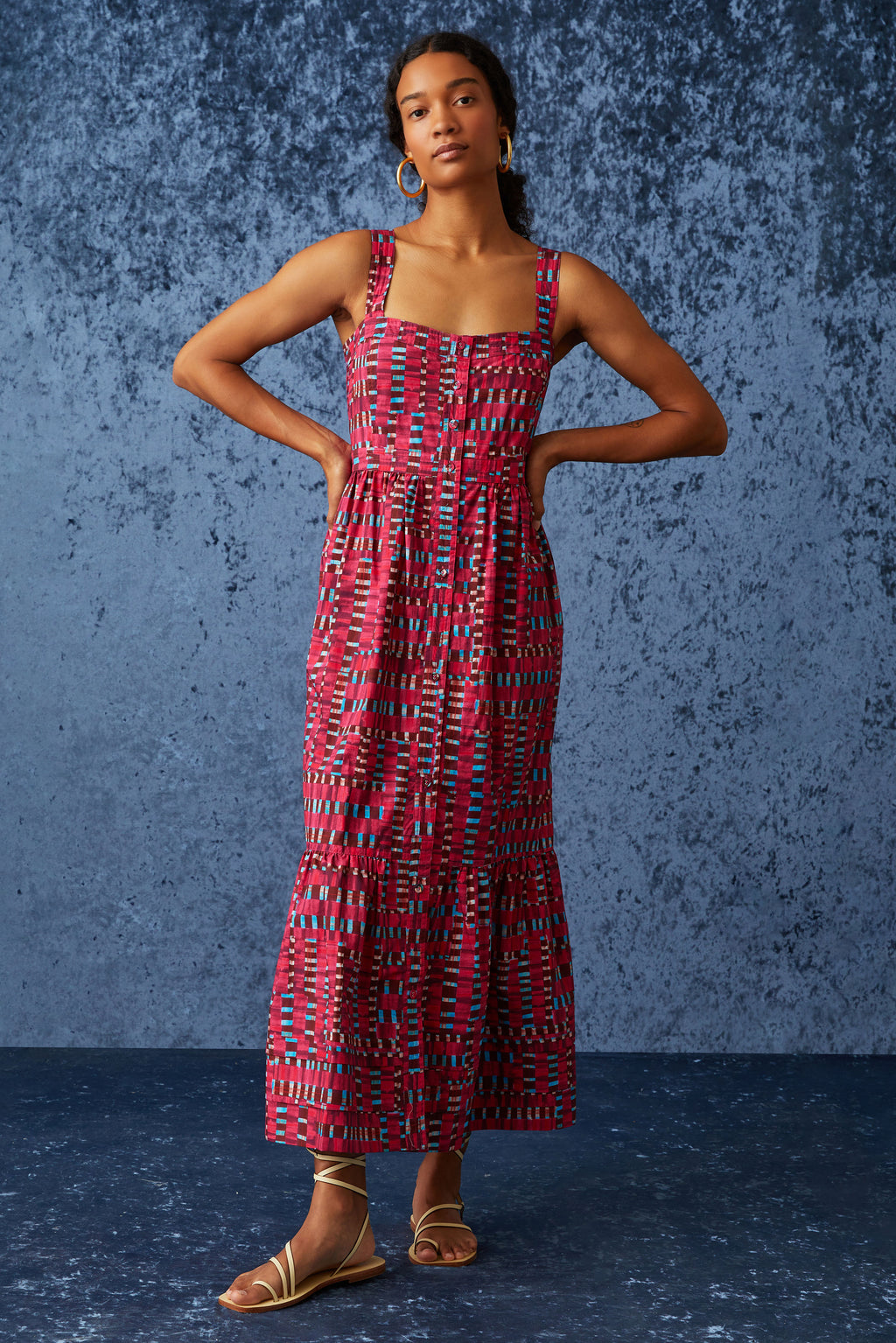 Thick strapped magenta plaid midi dress 