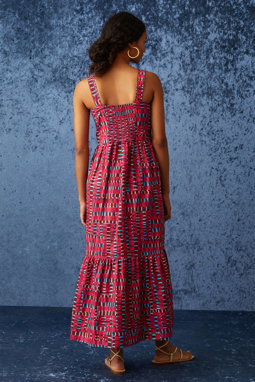 Plaid magenta tiered midi dress