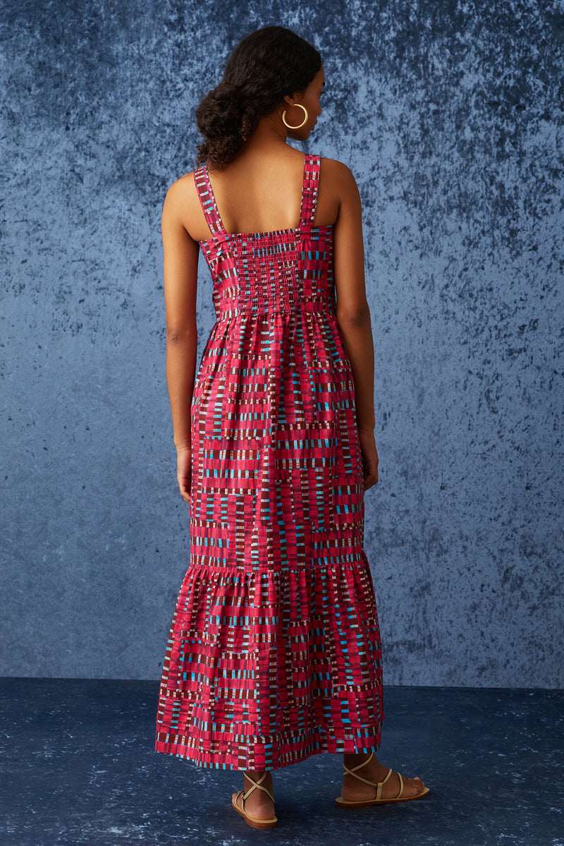 Plaid magenta tiered midi dress