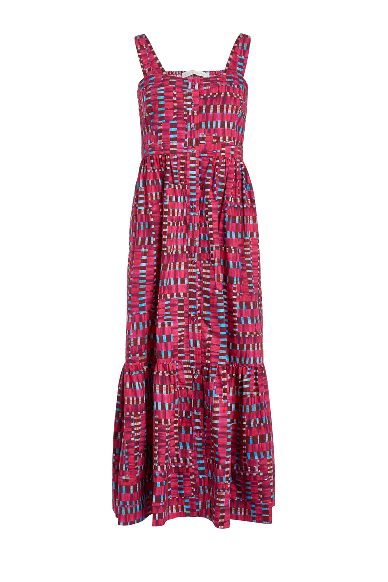 Magenta with stripe print midi dress with one inch straps and button down front
