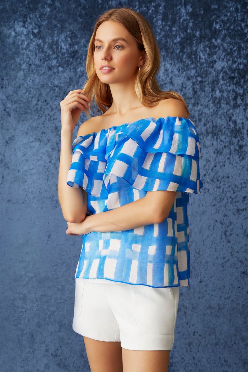 Blue and white checkered print off the shoulder top 