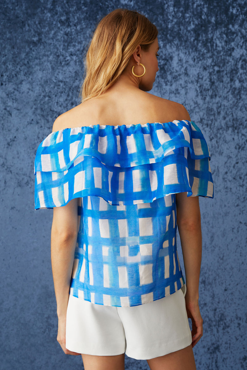 Off the shoulder top in a blue and white checkered print 