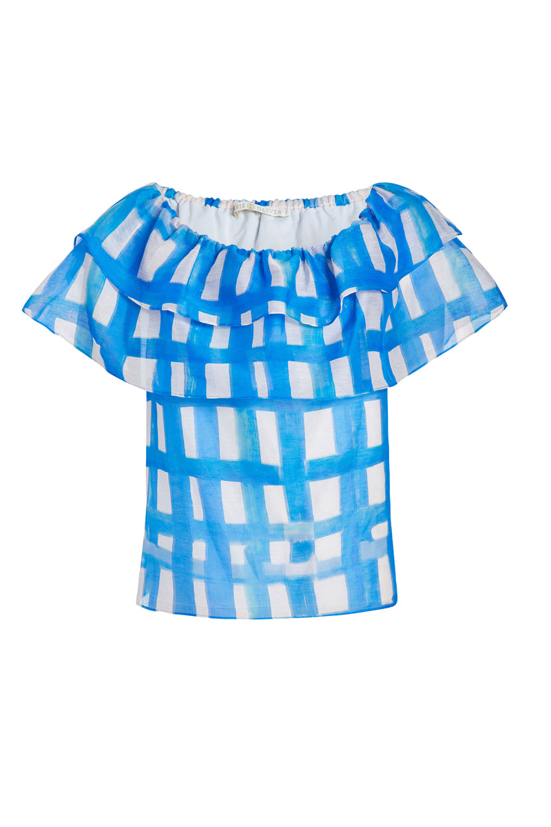 Off the shoulder top with ruffles going around the top of the blouse
