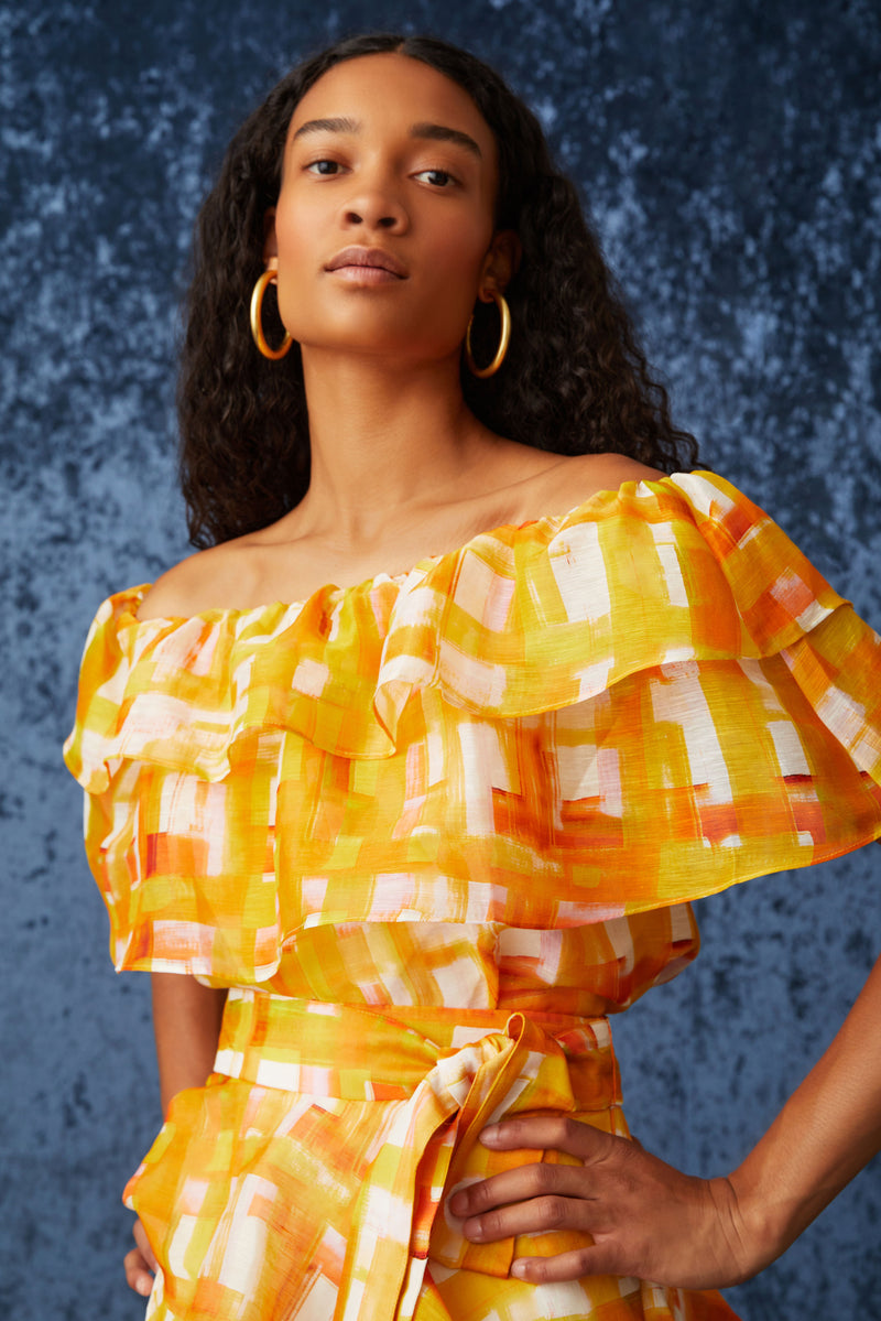 Yellow and white checkered print off the shoulder top 