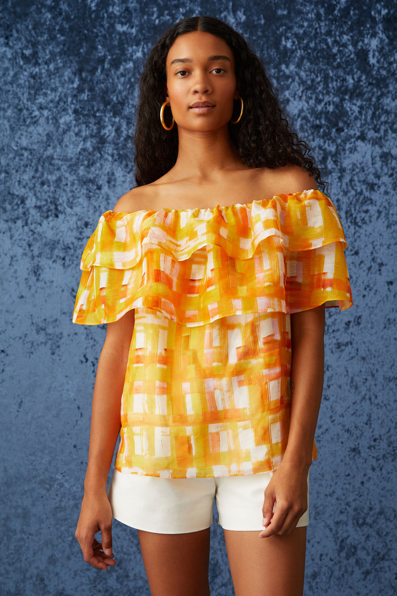 Yellow and white checkered print short sleeve off the shoulder top 