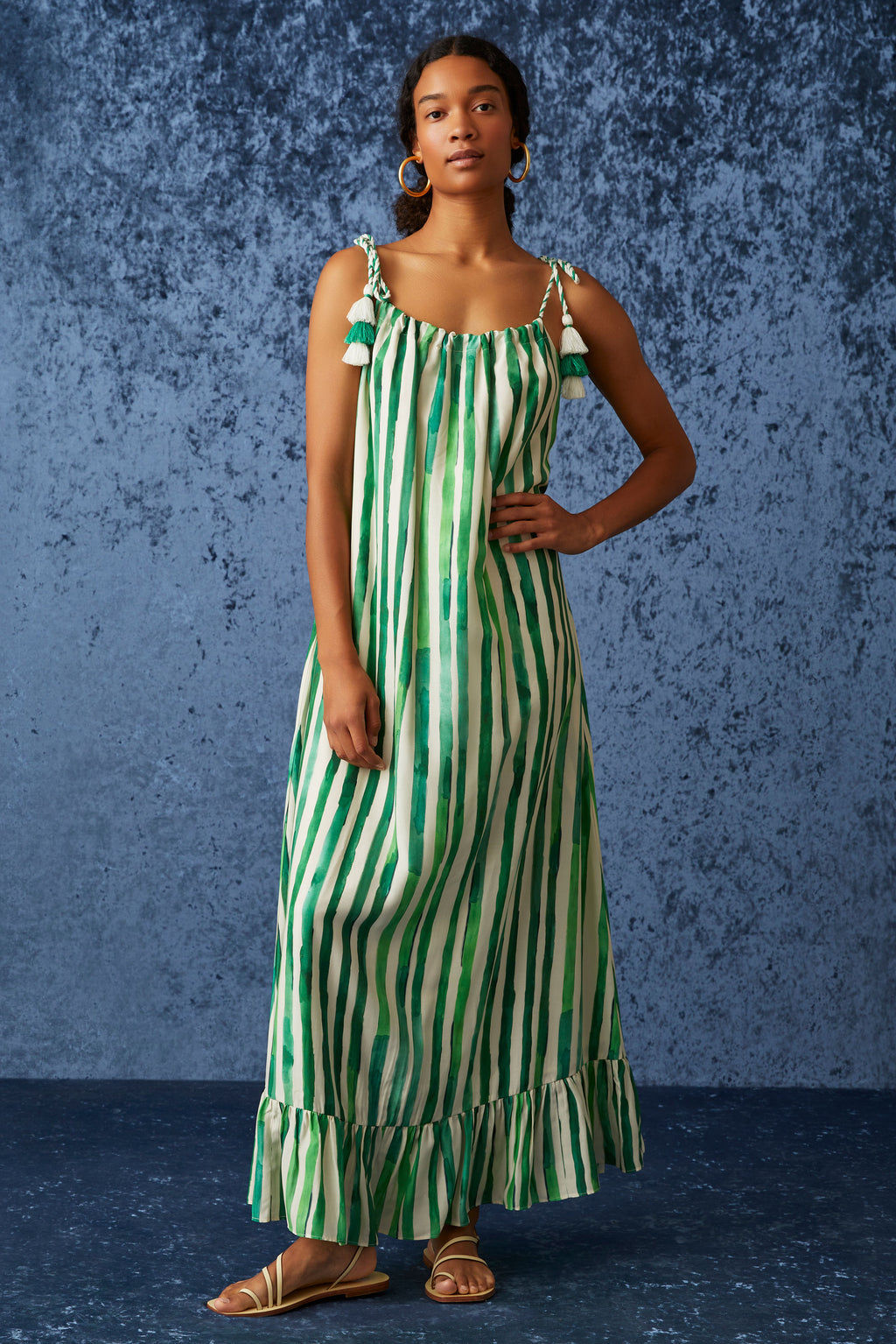 Green and white striped dress with s straight silhouette