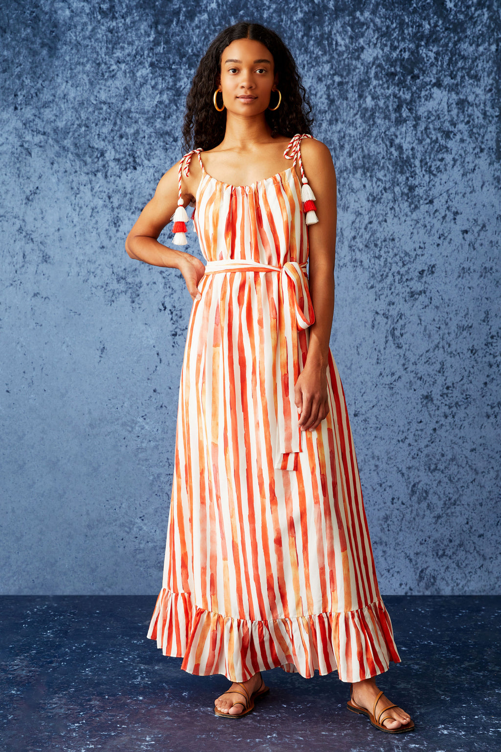 Red and white striped dress with s straight silhouette